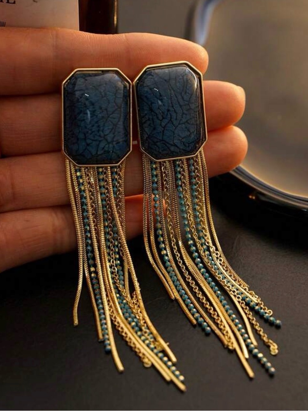 Vintage Gold and Teal Tassel Drop Earrings - Women Jewelry